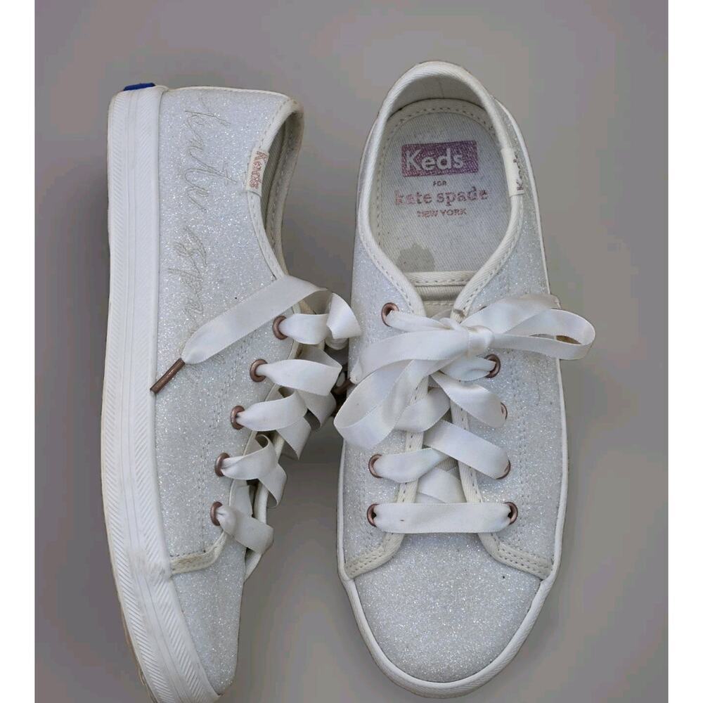 Keds Kate Spade Sneakers White Glitter Low Top Girls Size 1M Casual Glam Lace Up